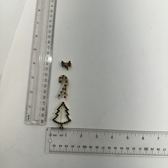 Vintage Rhinestone Christmas Brooch Pins Tree Candy Cane Bow Holiday Jewelry - Picture 2 of 3